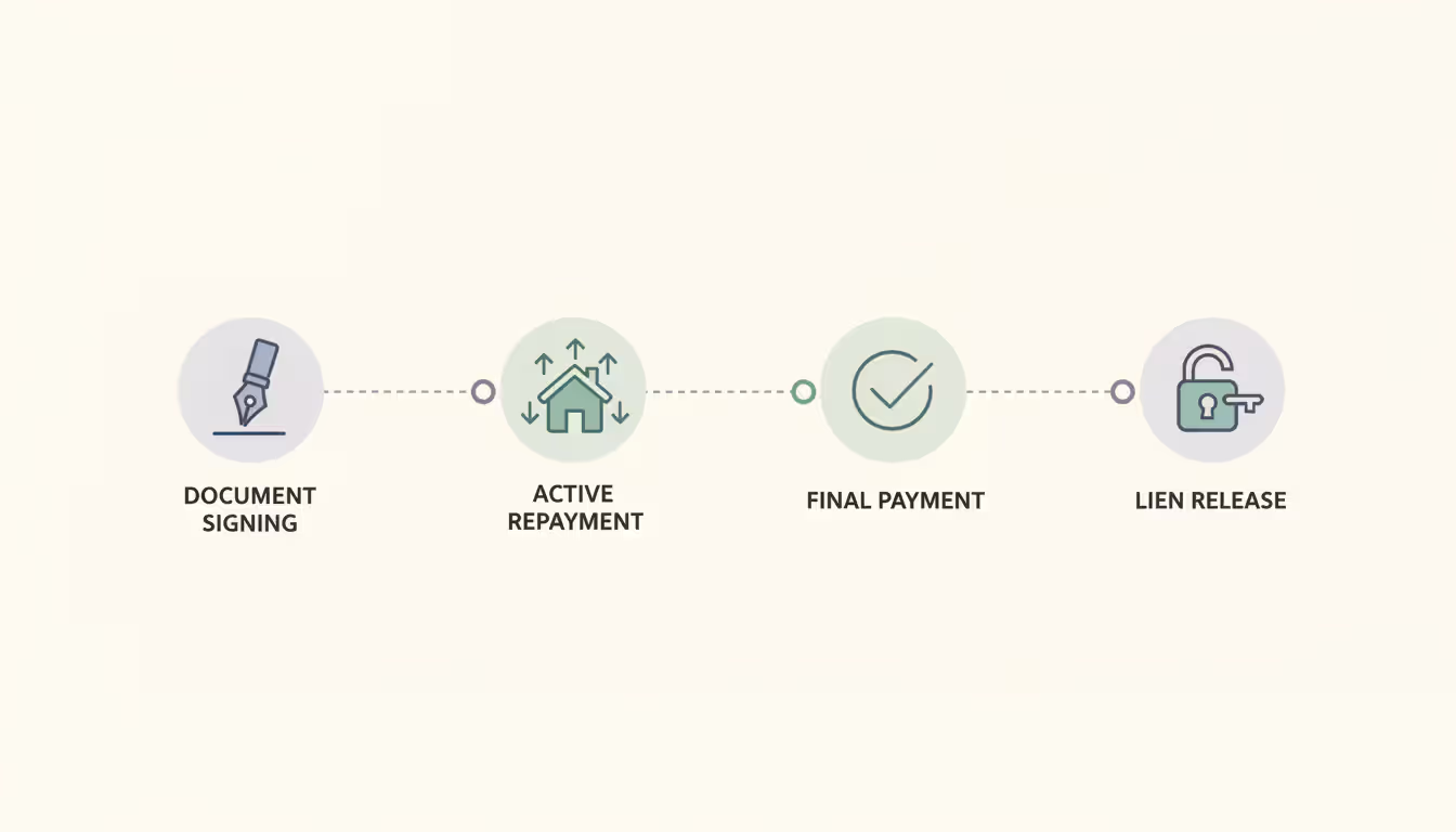 Horizontal timeline infographic showing four stages of a loan lifecycle from origination to lien release with icons