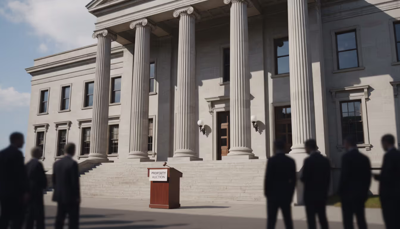 Courthouse exterior with auction podium and gavel in the foreground, silhouettes of people attending a foreclosure auction