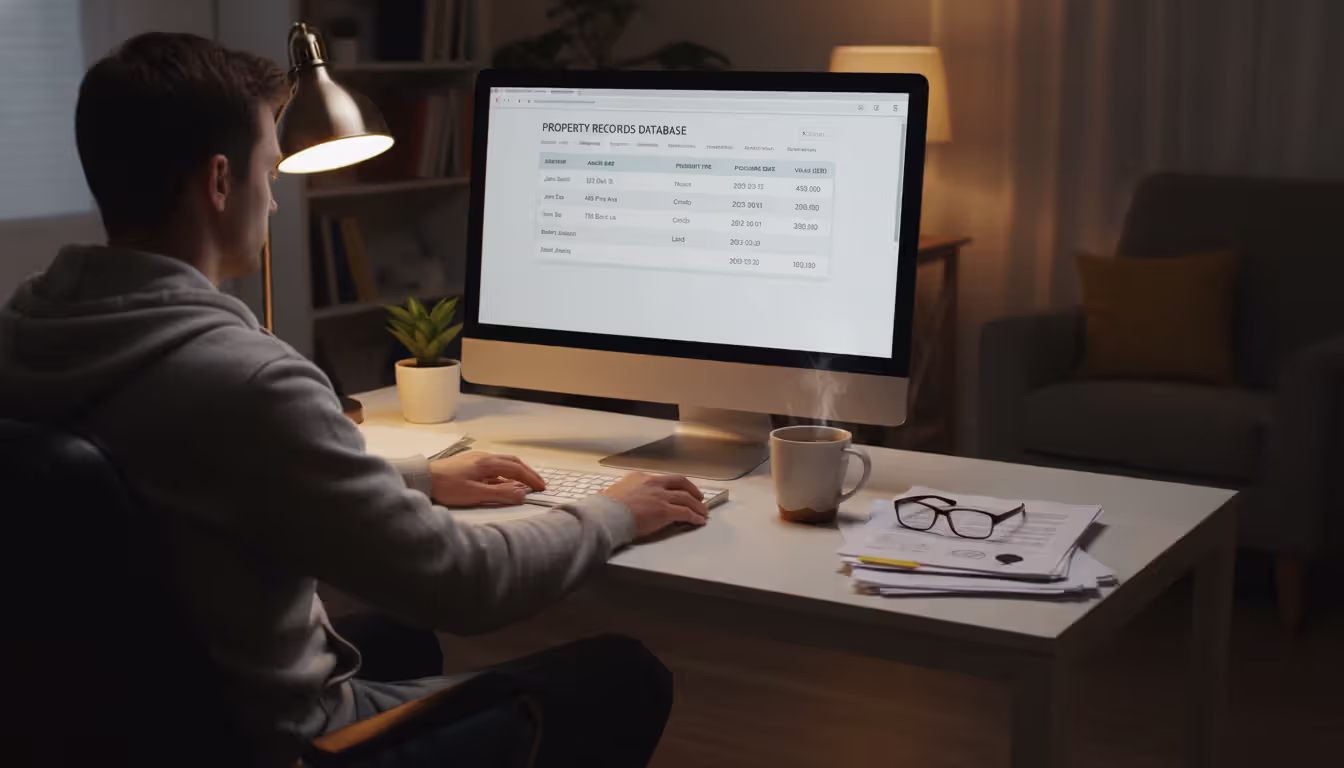 A person searching county property records online on a computer screen at home, with a coffee mug and documents on the desk, evening lamp lighting