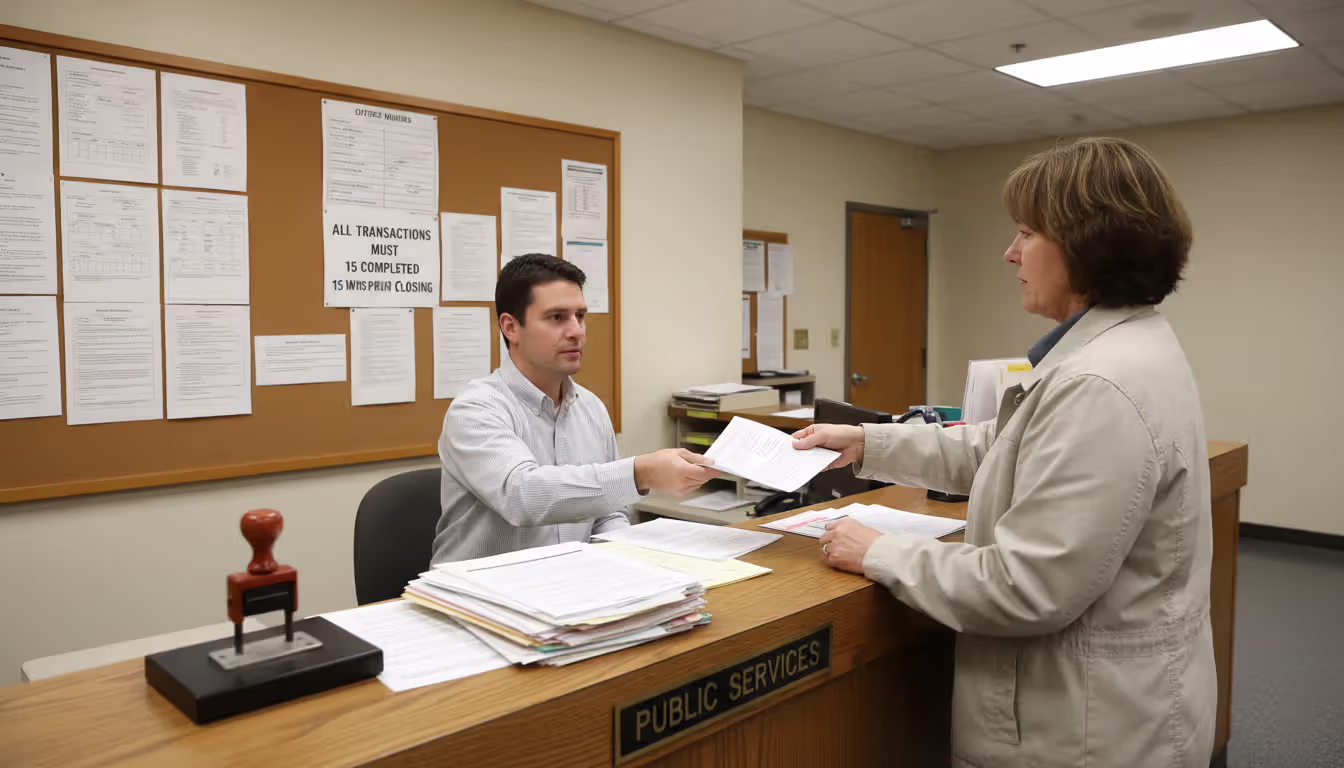 A county recorder's office service window with a clerk receiving a document from a visitor, a stamp and stacked papers on the counter, bright office lighting