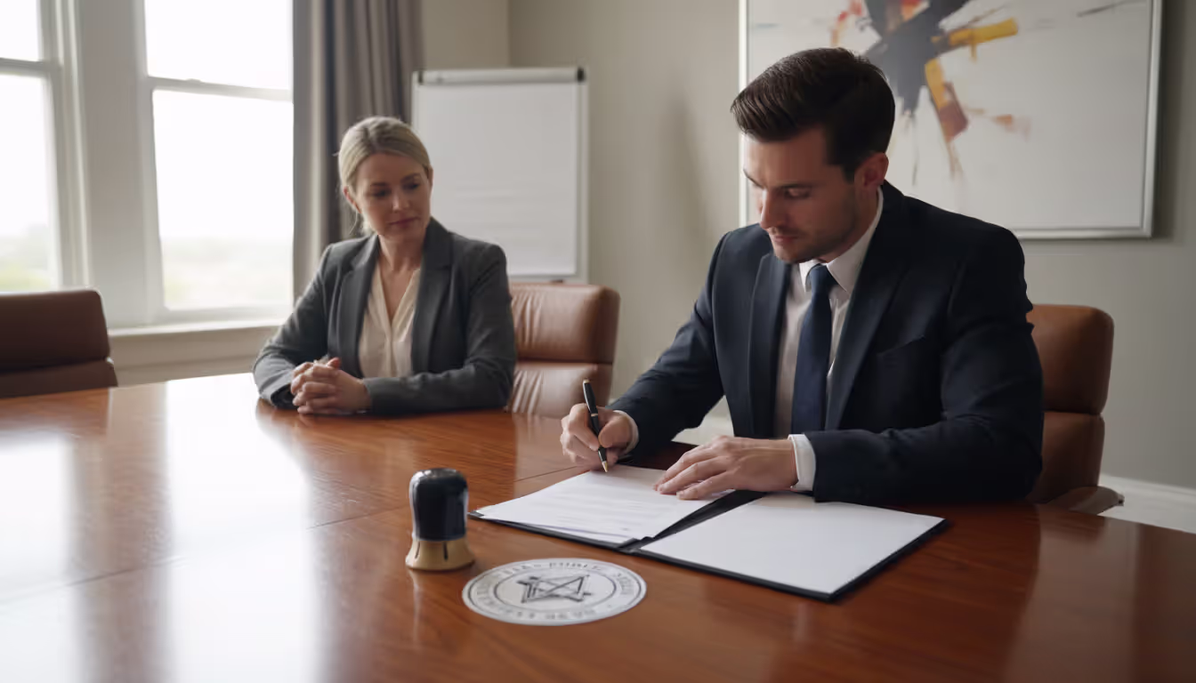 Two people at a conference table during a deed signing, one person signing a document while a notary observes, notary seal and papers on the table, daylight from a window