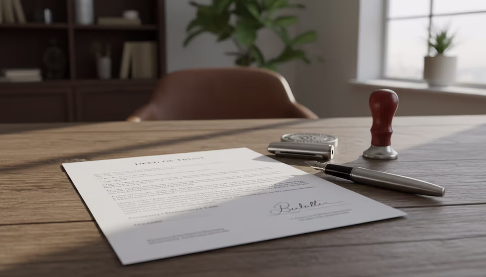 A property deed document on a wooden desk with a notary stamp and a metal pen, soft natural lighting from a window in an office setting