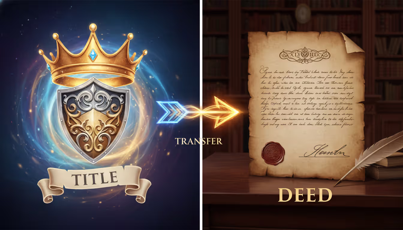 Visual comparison of title as abstract ownership concept versus deed as physical legal document with arrow connecting them