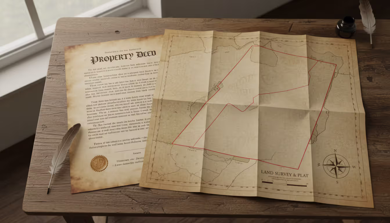 Top-down view of unfolded legal property description document next to a land survey map with marked boundaries and compass