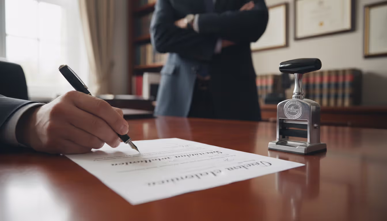 Person signing official legal document at desk with notary embosser seal nearby and a witness present