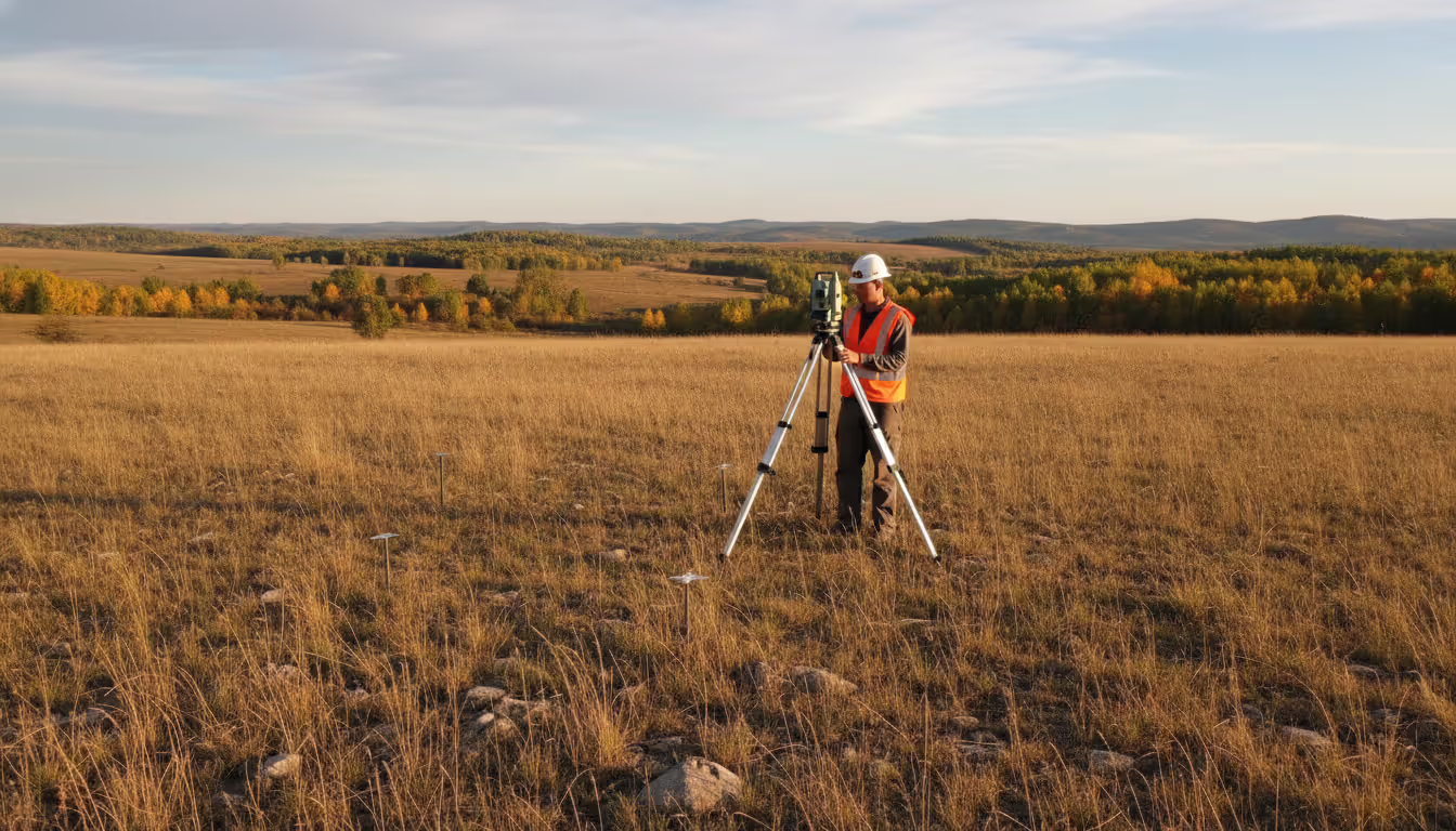 Land surveyor with total station equipment standing in an open field with iron boundary markers in the ground