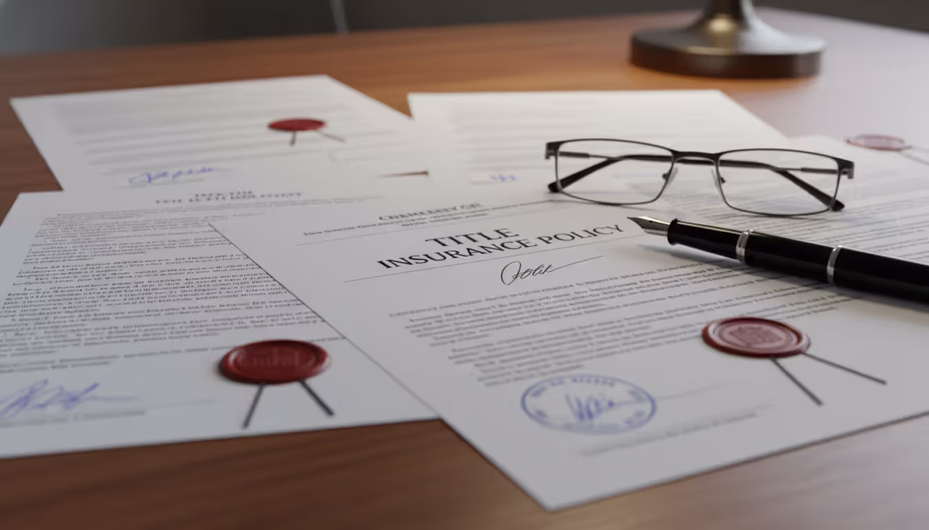Official property documents spread on a desk including title insurance policy, deed papers, pen and glasses
