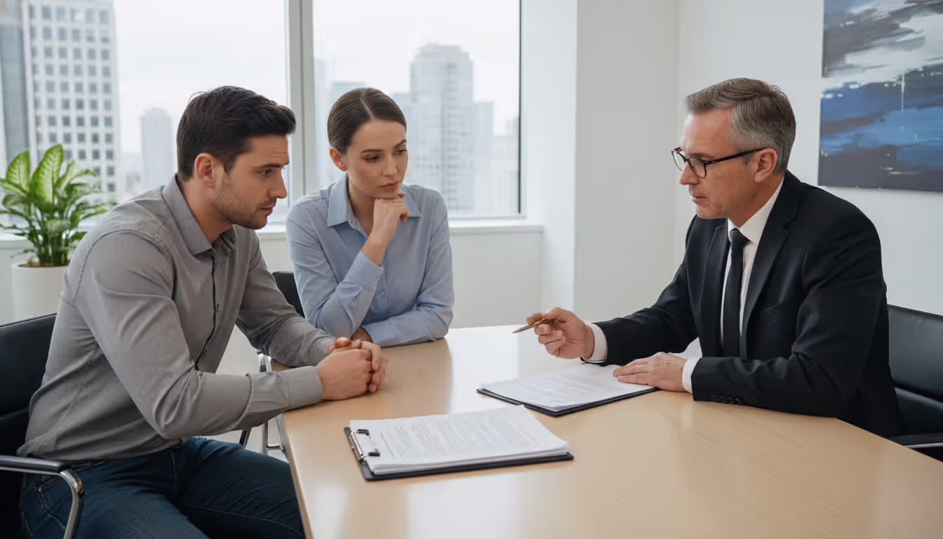 Young couple sitting across from a real estate attorney reviewing documents in a modern office