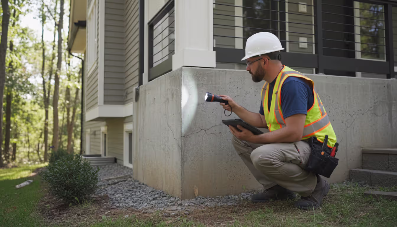 Home inspector in hard hat examining foundation cracks of a residential house with a flashlight and clipboard