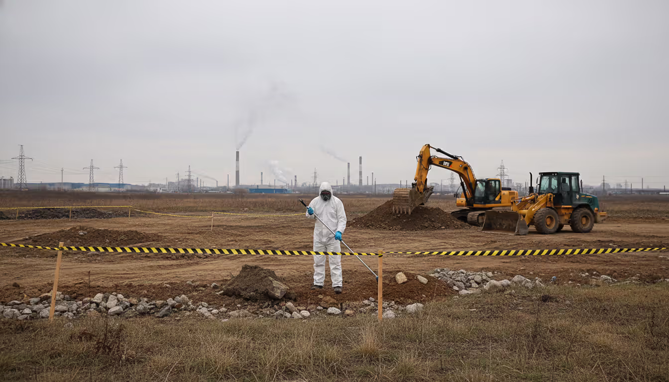 Environmental specialist in protective suit collecting soil samples on a fenced vacant lot with caution tape