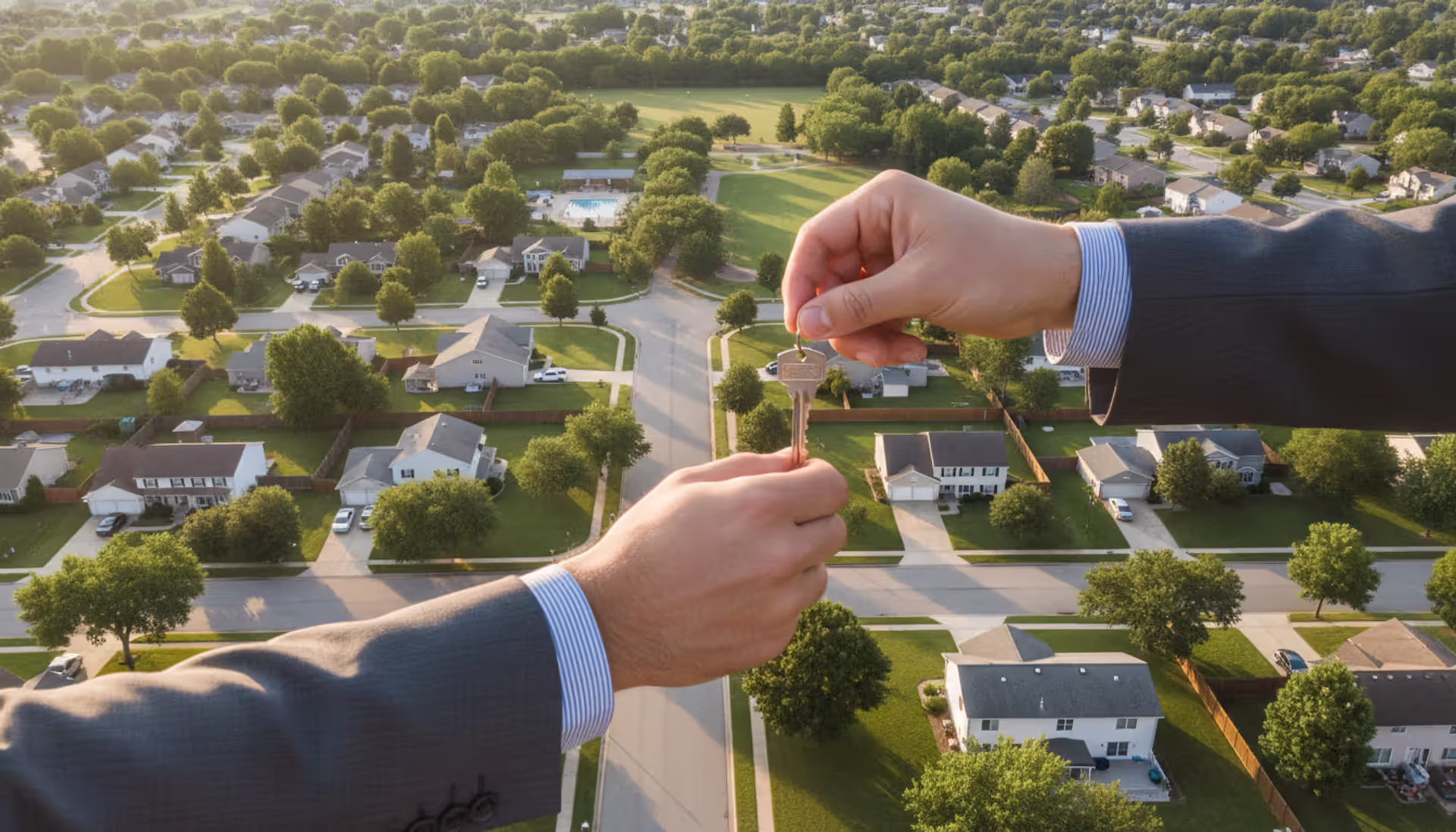 Aerial view of an American suburban neighborhood with a hand passing a house key to another hand in the foreground