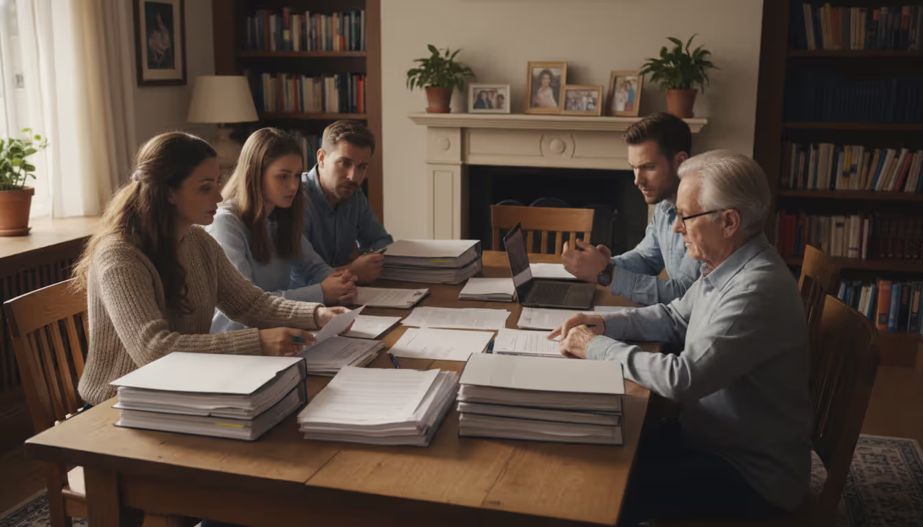 Family members sitting at a table reviewing property documents with serious expressions