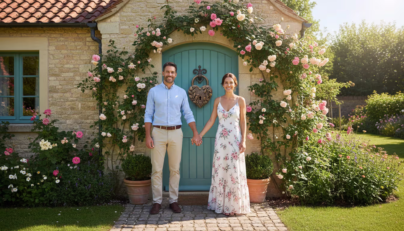 Married couple standing together in front of their home entrance holding hands