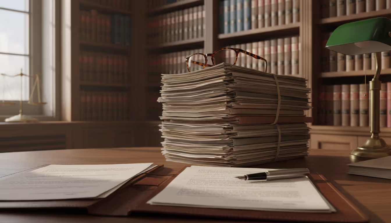 Attorney desk with legal documents, glasses, pen, and bookshelves in the background