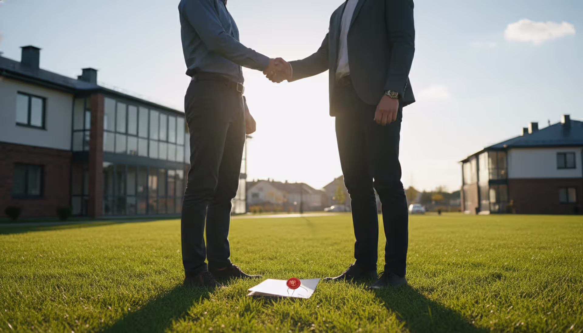 Two people shaking hands in front of a residential house with a property deed document nearby