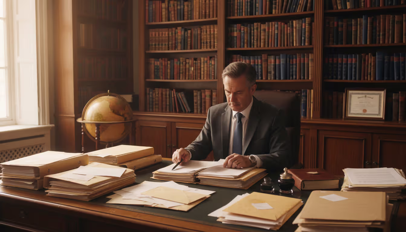 Estate executor reviewing probate documents at office desk with file folders