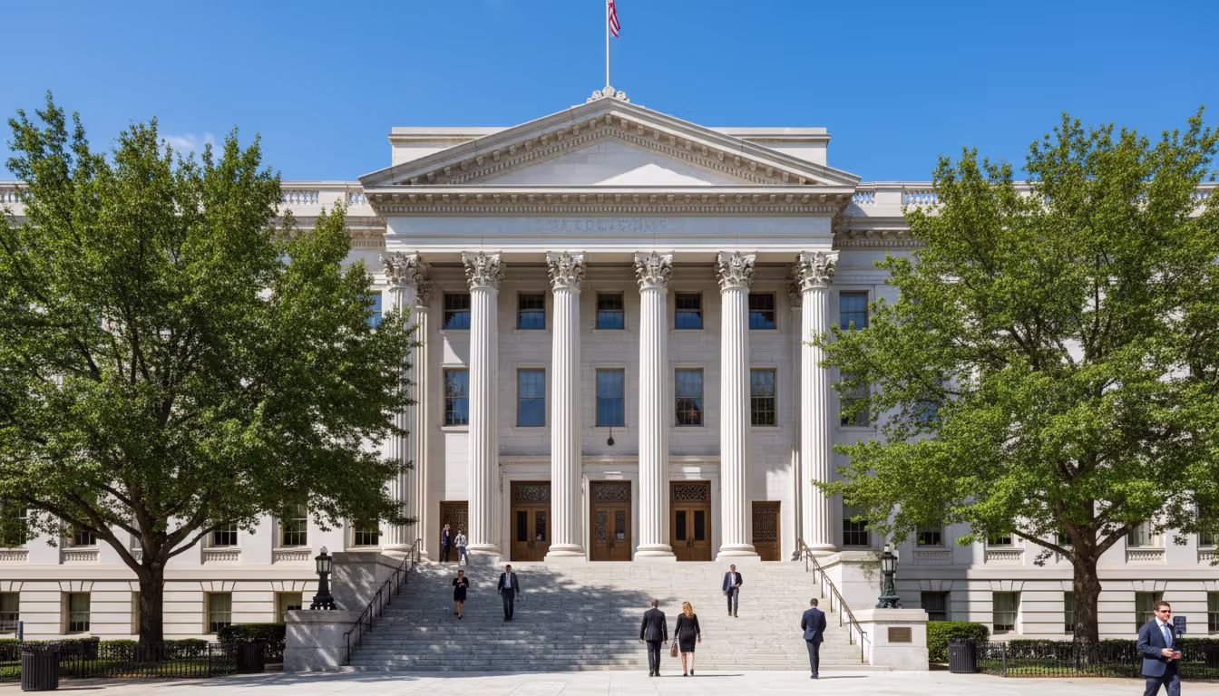 Courthouse building exterior with columns and steps on a clear day