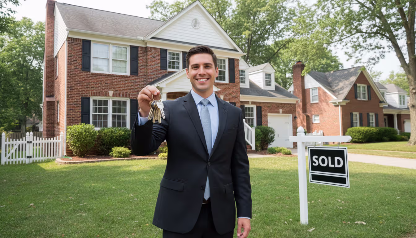 Person in business attire holding house keys in front of a two-story suburban home with a sold sign