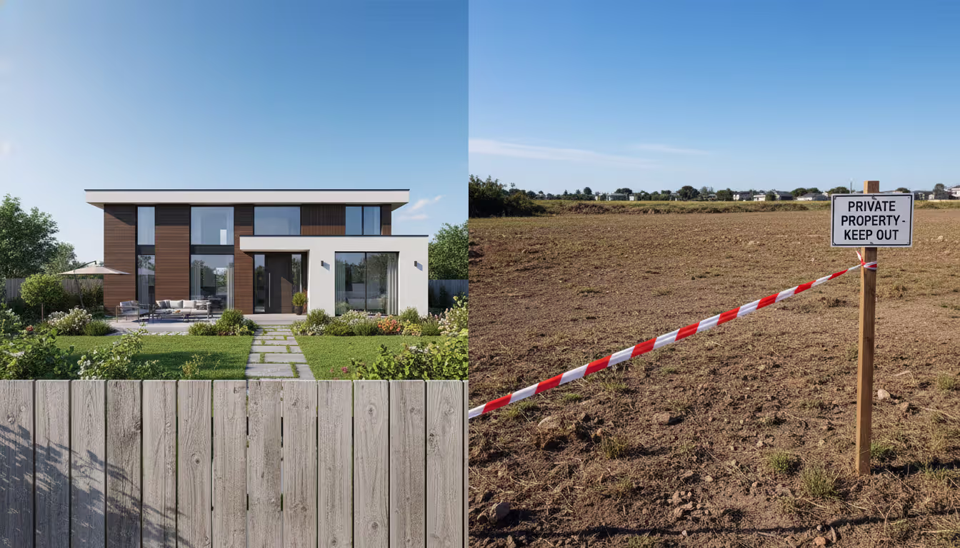 Two adjacent land plots divided by a fence, one with a modern house and garden, the other empty with restriction tape