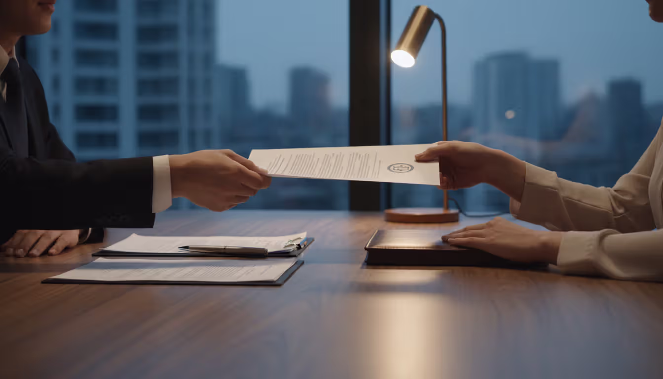 Two people exchanging a stamped property document across a desk during a real estate transaction