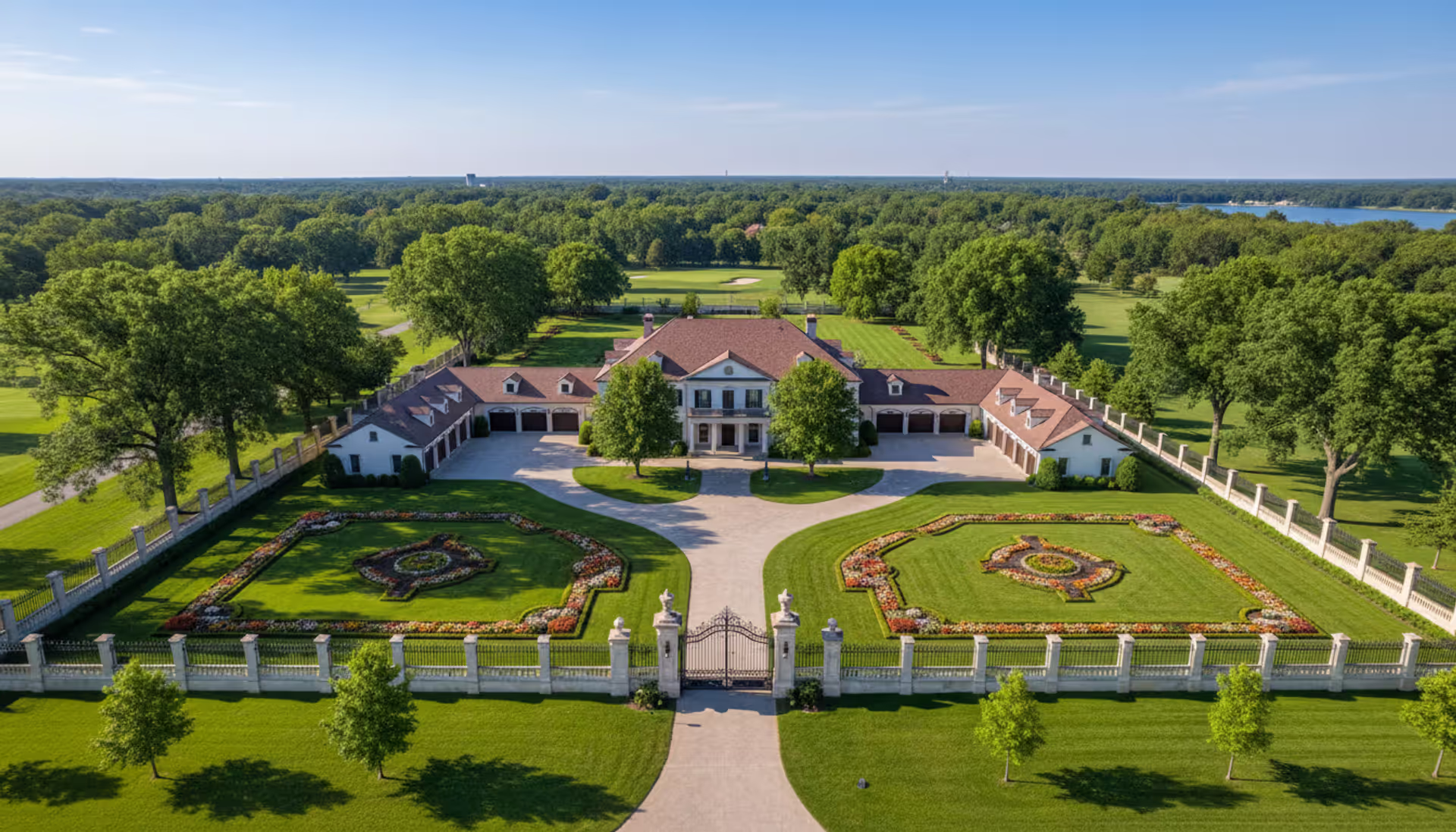 Aerial view of a large private house with a fenced yard and driveway on a sunny day