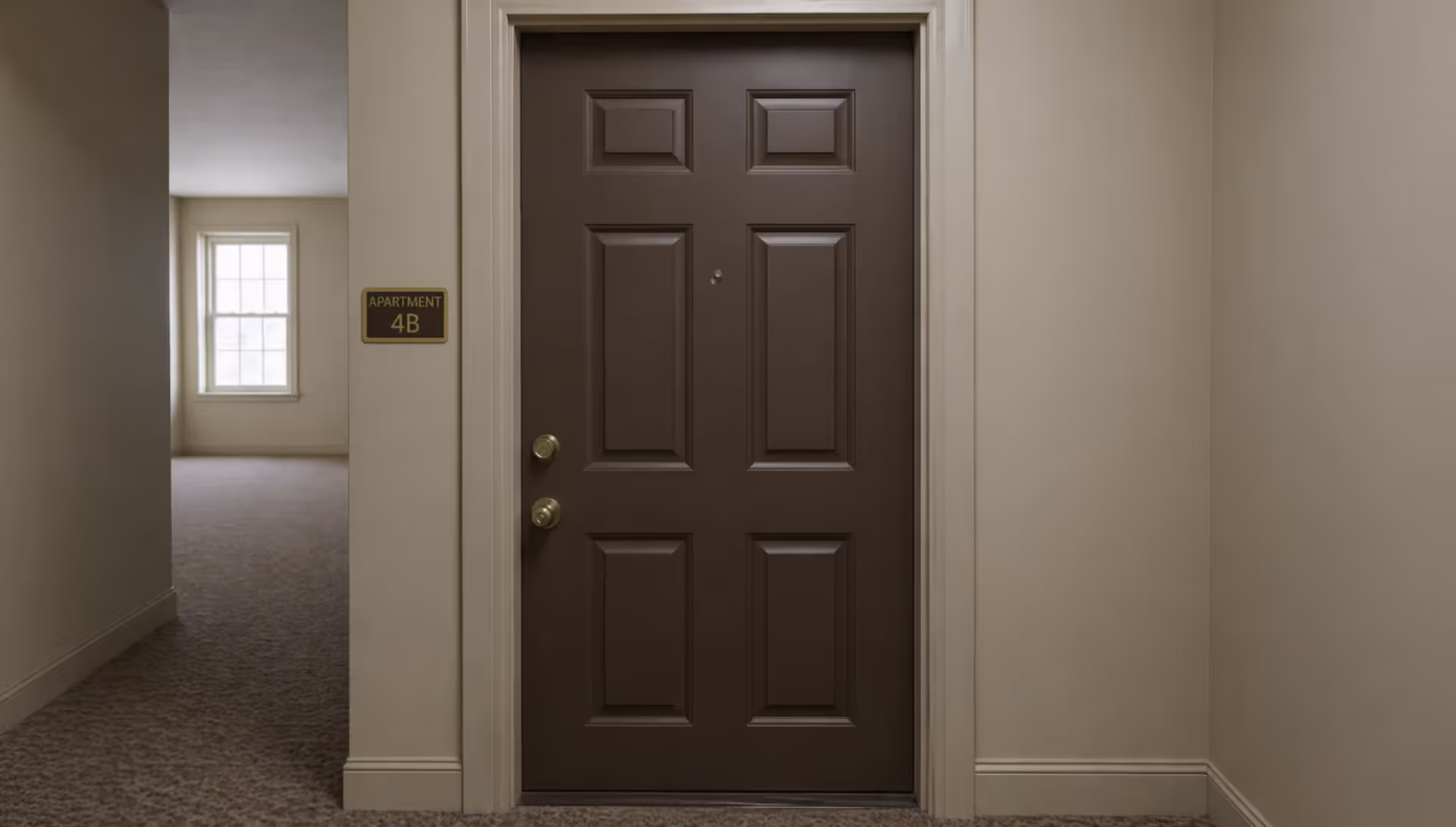 White eviction notice paper taped to a residential apartment door in a hallway of a multi-unit building