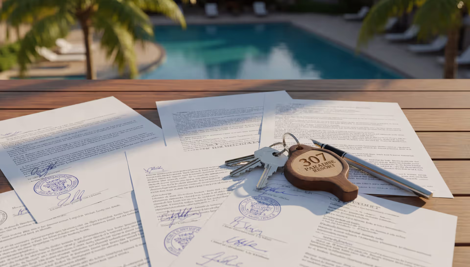Legal documents with signatures and resort keys on a desk with a blurred tropical resort pool and palm trees in the background