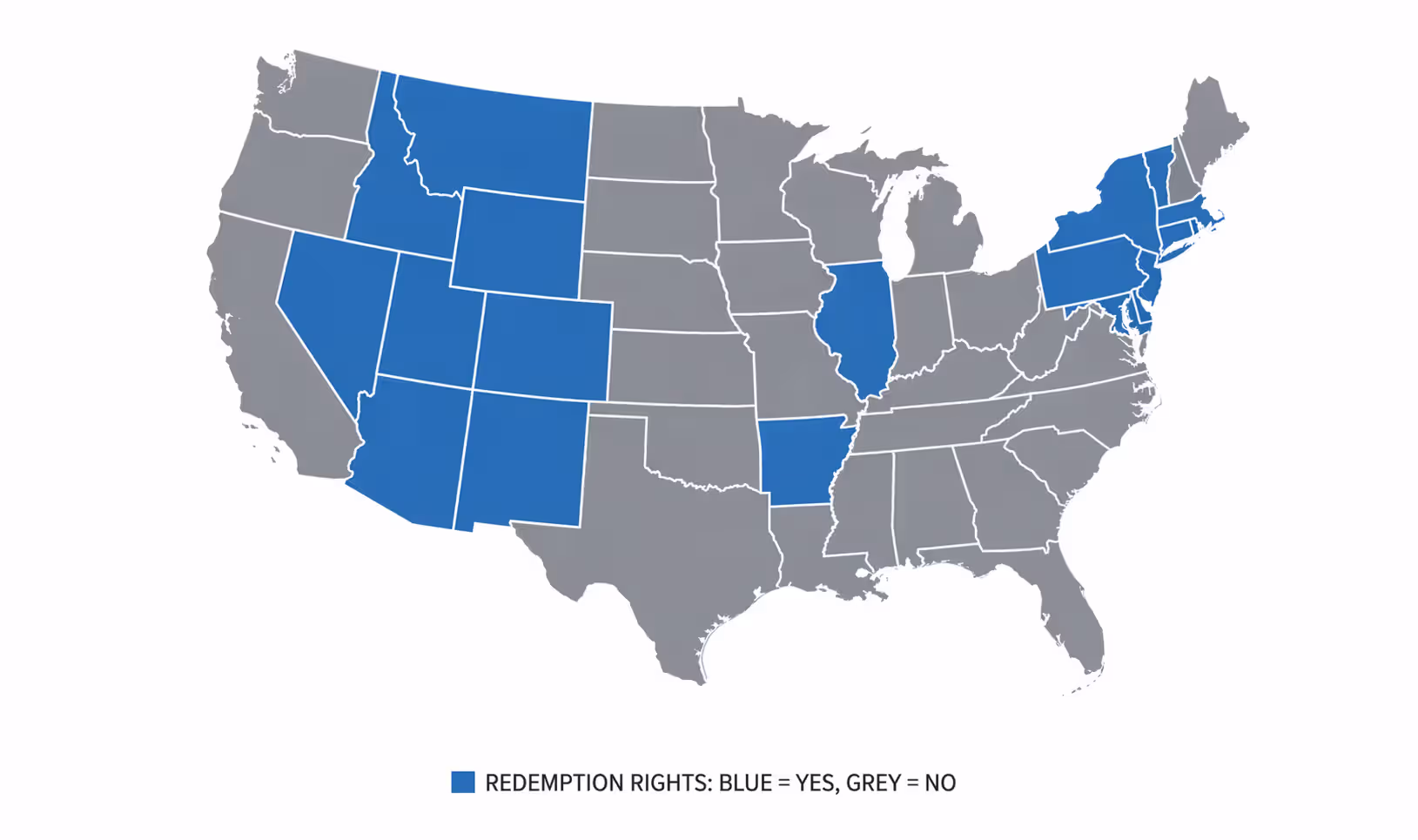 Color-coded map of the United States showing states with statutory redemption rights versus states without redemption rights after foreclosure sale