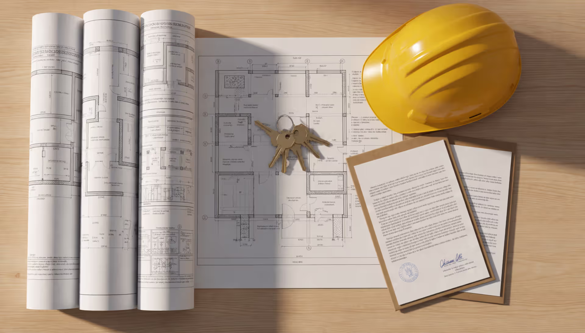 Contractor desk with construction blueprints, legal lien documents with stamps, property keys, and a yellow hard hat on a wooden surface