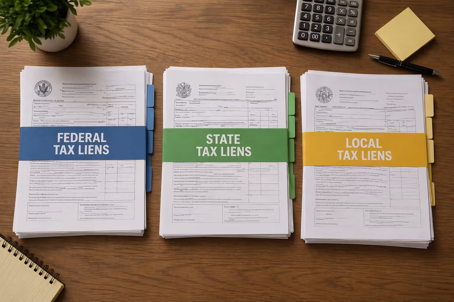 Top-down view of a desk with three color-coded stacks of tax documents representing federal state and local tax lien levels