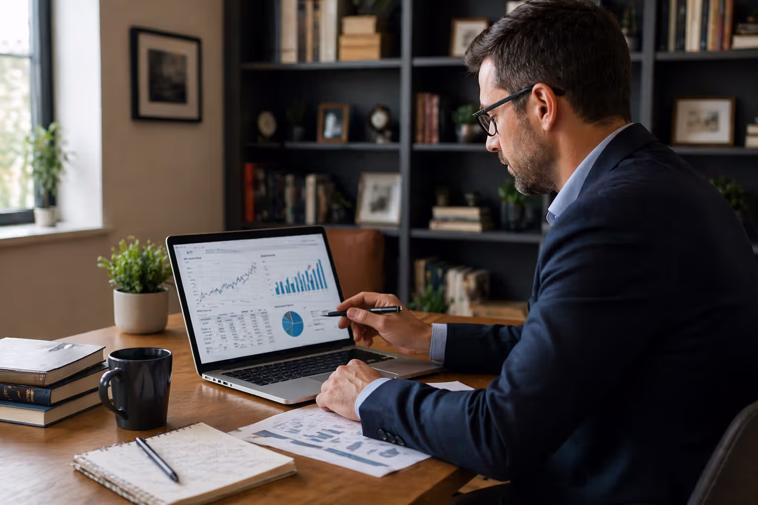 Business professional analyzing investment charts on a laptop in a home office with bookshelves in background