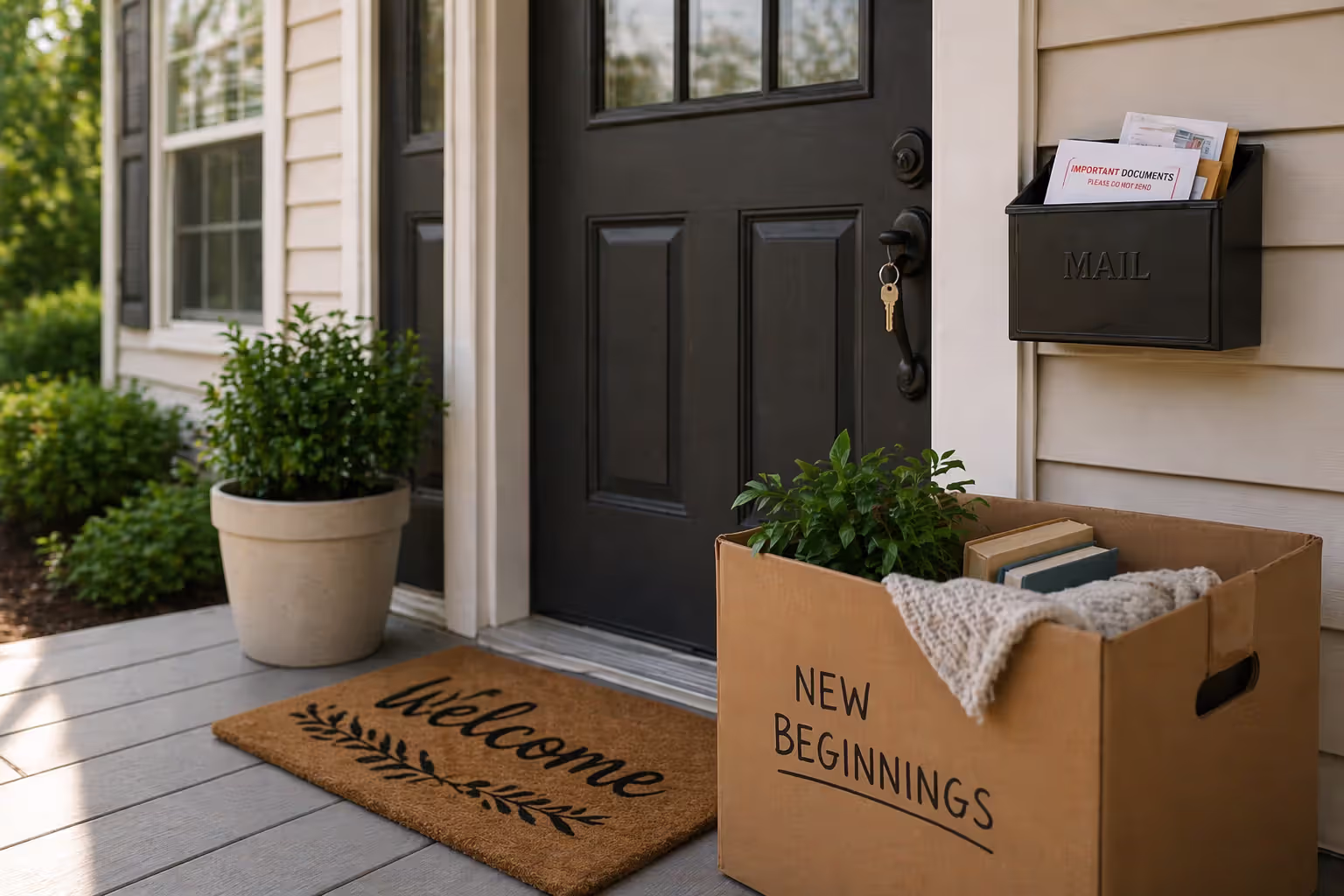 A residential front door with a key in the lock, a mailbox with envelopes, and a moving box on the porch, representing a buyer moving into a land contract property