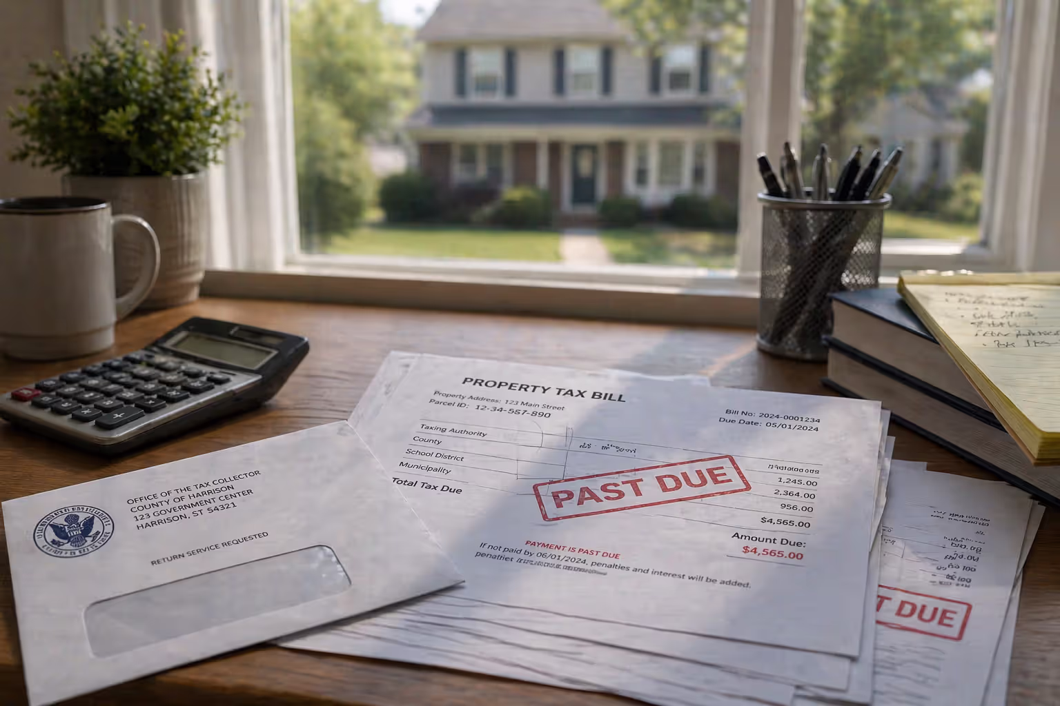 A desk with property tax documents stamped Past Due, an official government envelope, and a blurred residential house visible through a window in the background