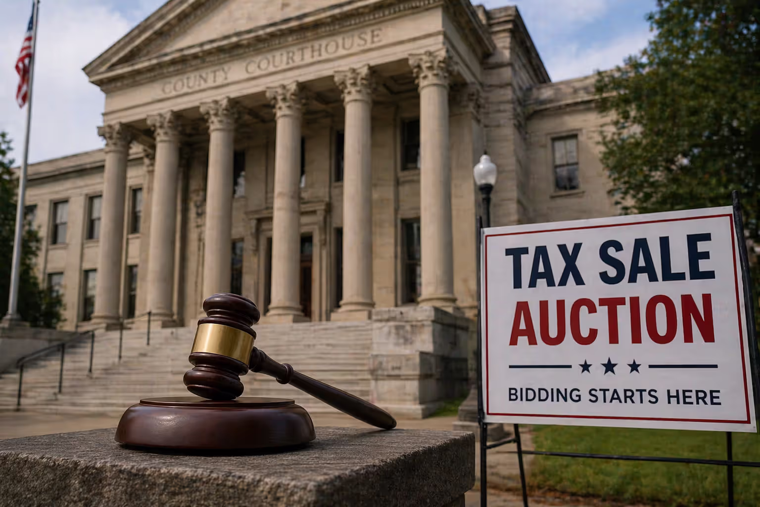 A county courthouse building with columns, an auctioneer gavel on a stand in the foreground, and a Tax Sale Auction sign, representing property tax foreclosure