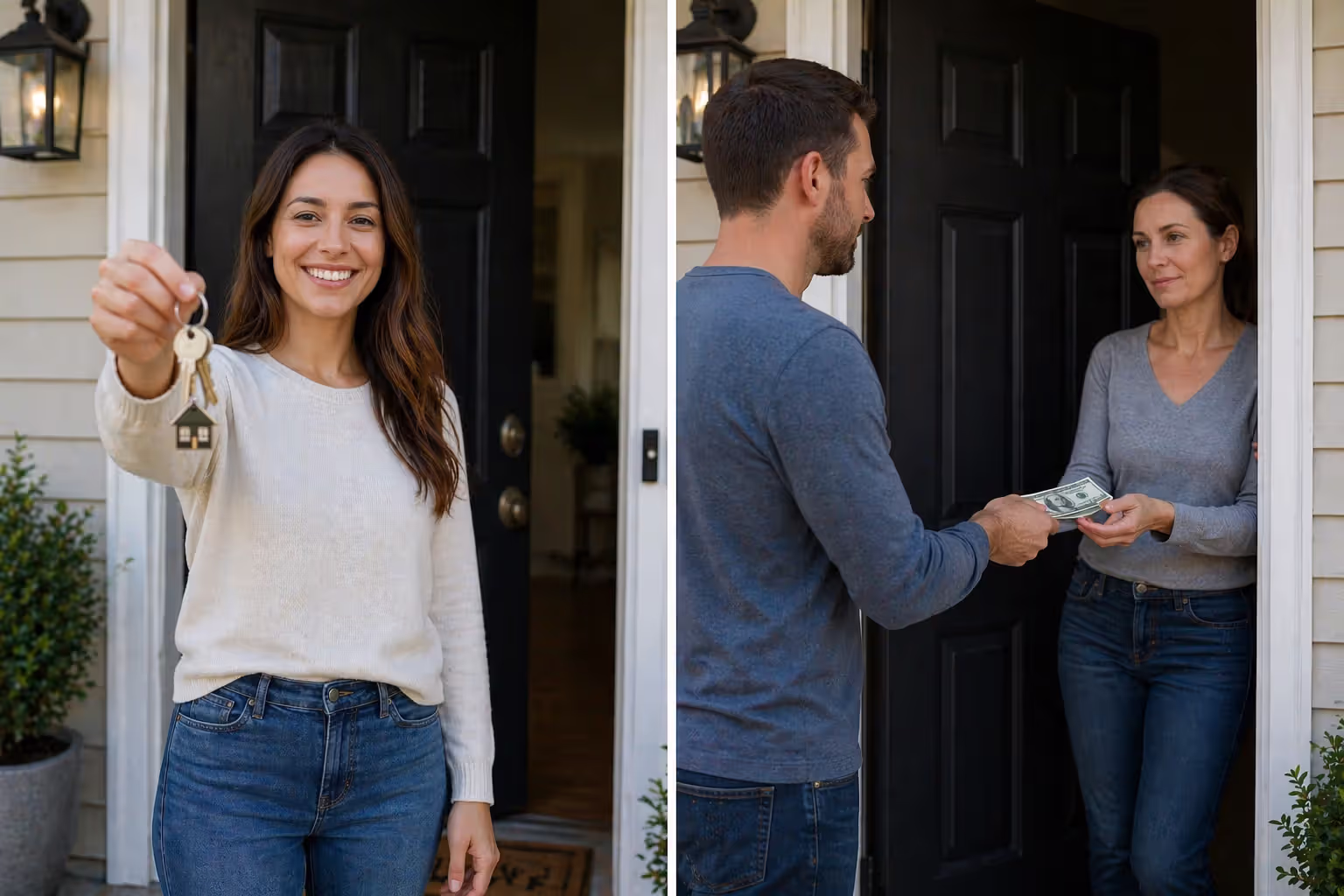 A split image comparing a land contract buyer holding house keys at a front door on the left side and a rent-to-own tenant handing cash to a landlord at the same door on the right side