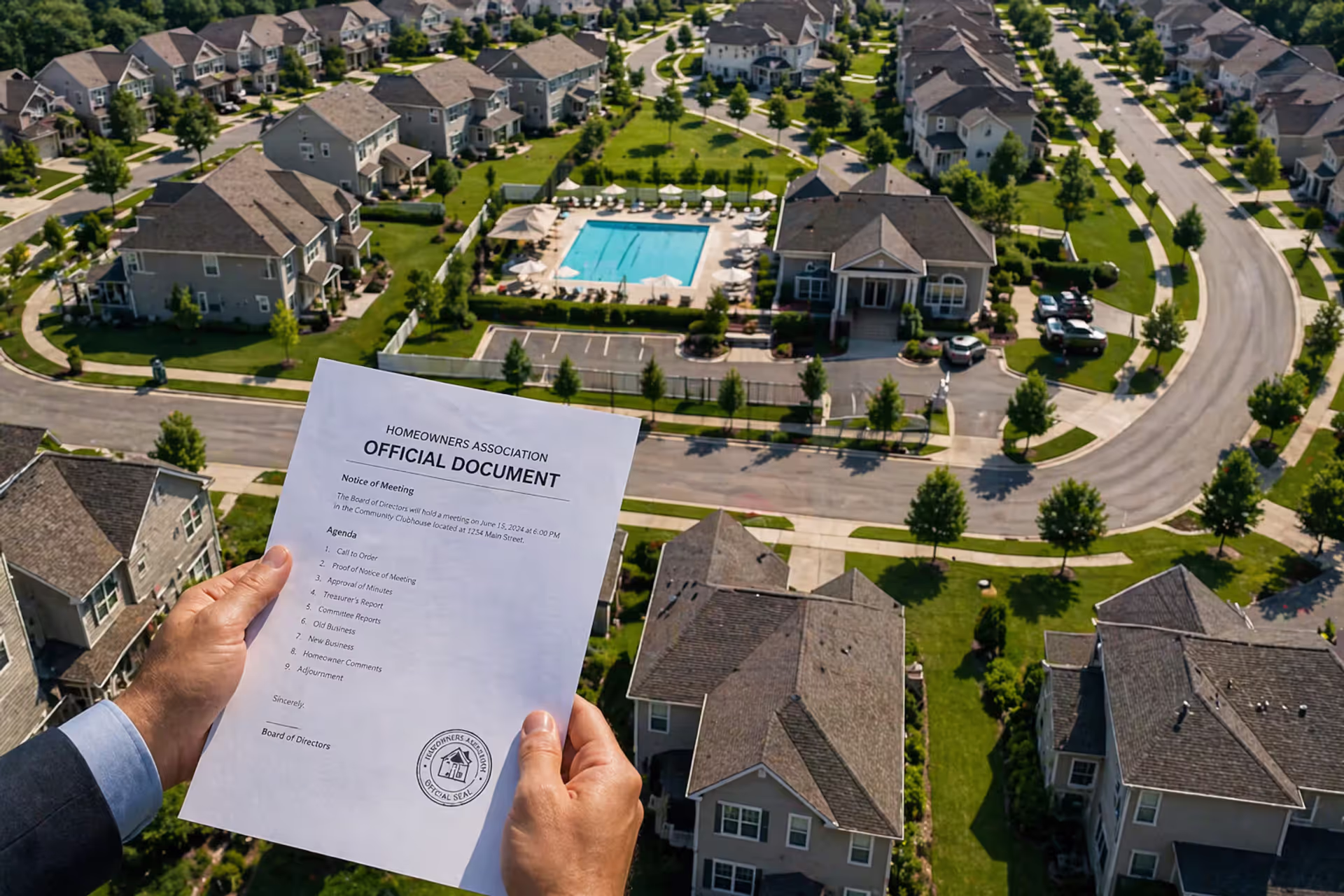 Aerial view of a well-maintained suburban HOA neighborhood with uniform houses, manicured lawns, a community pool, and a person holding an official document