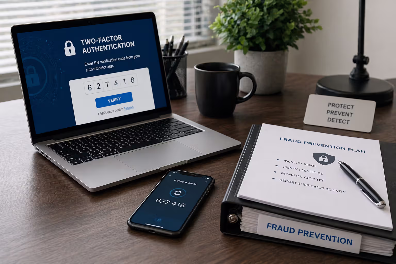 A professional desk setup showing fraud prevention tools: laptop with two-factor authentication screen, smartphone, and organized document folder
