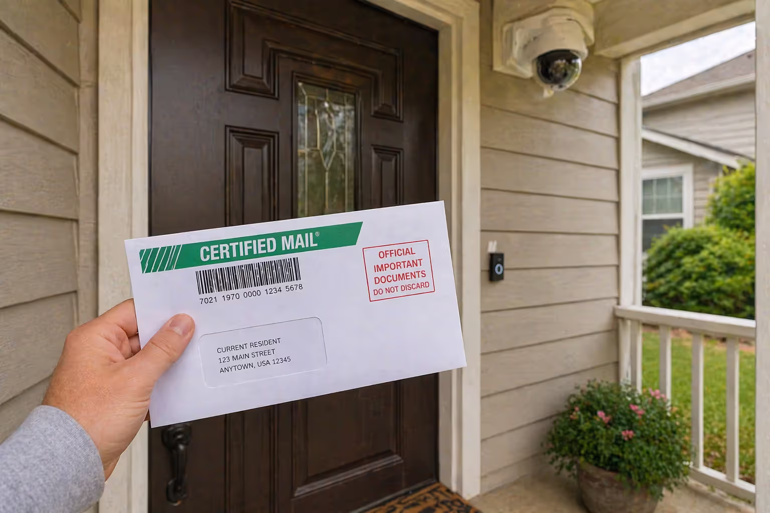 Homeowner hand holding certified mail envelope at front door with security camera visible on porch