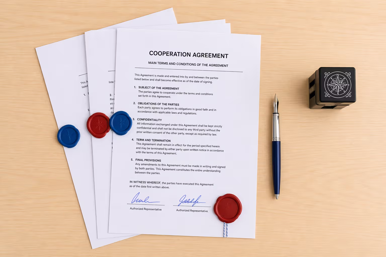 Top-down view of neatly organized legal documents with stamps and signatures on a clean desk