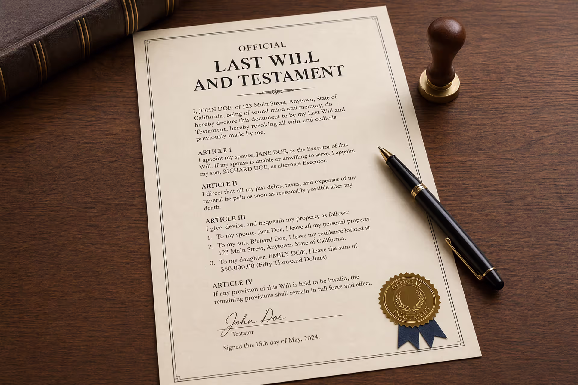 Official last will and testament document with seal and pen on wooden desk